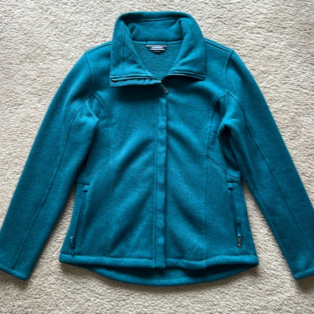 Lands End Womens Medium Full Zip Fleece Sweater Jacket Collar Teal Heather